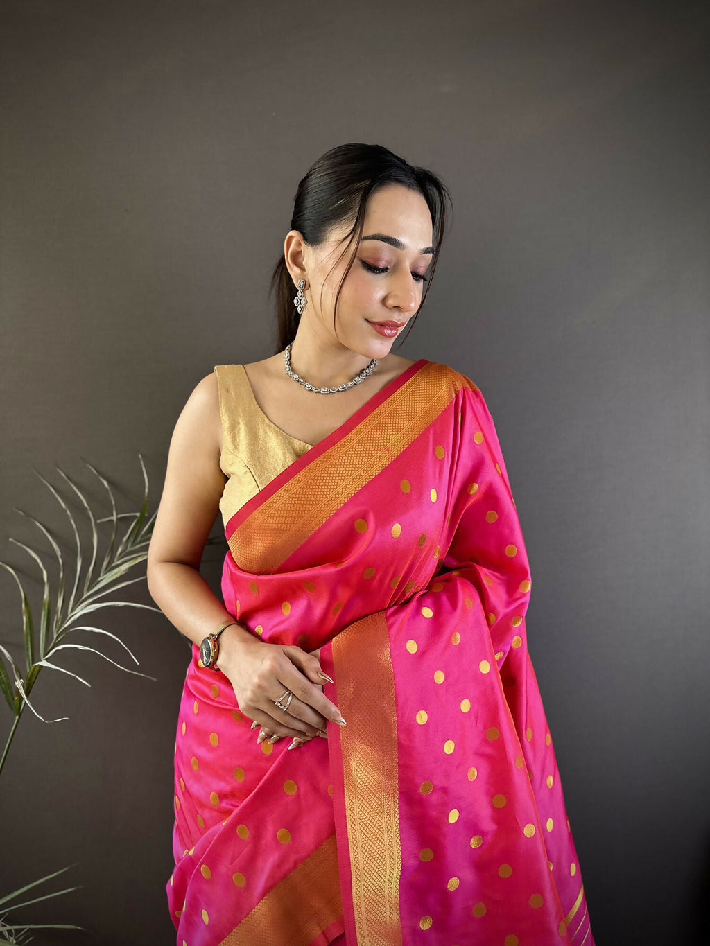 Joban Fashion Hot Pink Polka Dot Lichi Silk Paithani Silk Saree | Grocsy