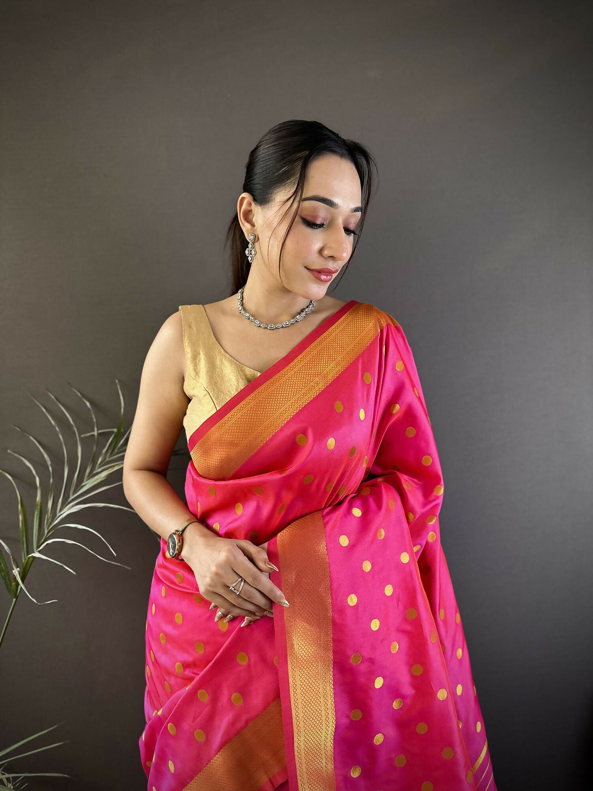 Joban Fashion Hot Pink Polka Dot Lichi Silk Paithani Silk Saree | Grocsy