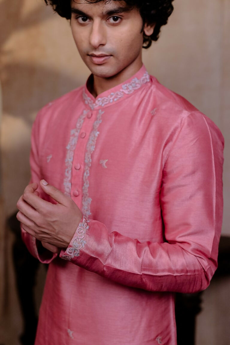 Falling Raw Silk Pink Prism Motif Kurta Set By Hilo Design | Grocsy