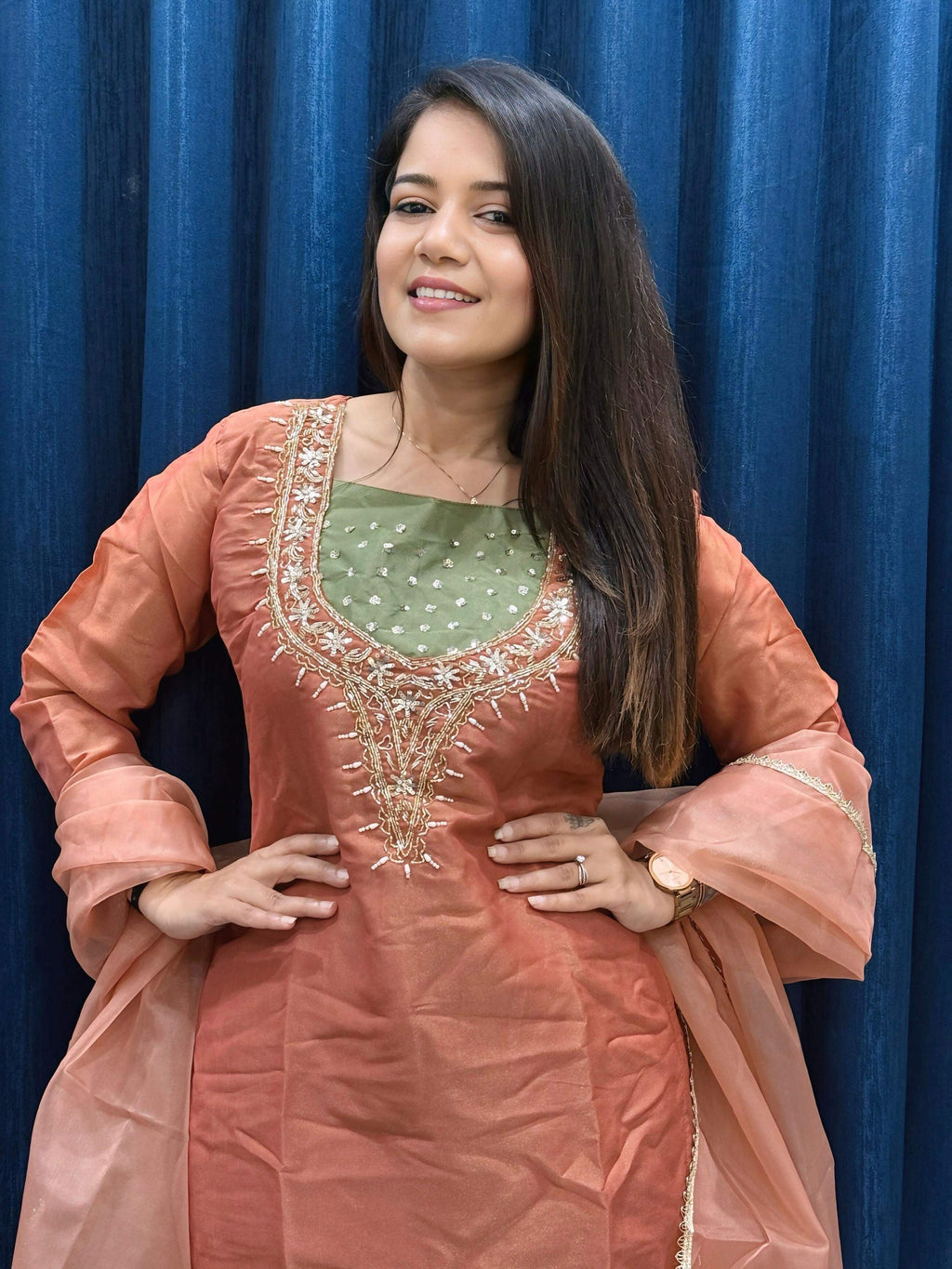 Anaita Dark Peach Roman Shimmer Readymade Kurti Set with Handwork & Moti Work | Grocsy
