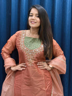 Anaita Dark Peach Roman Shimmer Readymade Kurti Set with Handwork & Moti Work | Grocsy