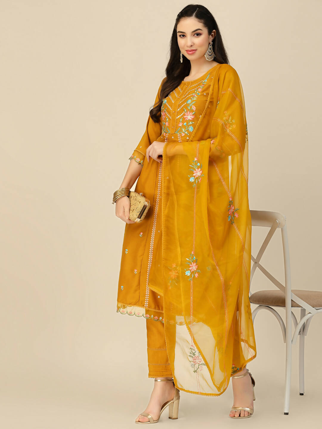 Mustard Embroidered Chinon Straight Kurta With Trouser & Dupatta - Salimar | Grocsy