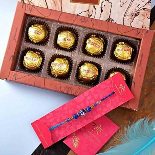 Blue Beads Work Rakhi & Handmade Assorted Chocolate Box Combo | Grocsy