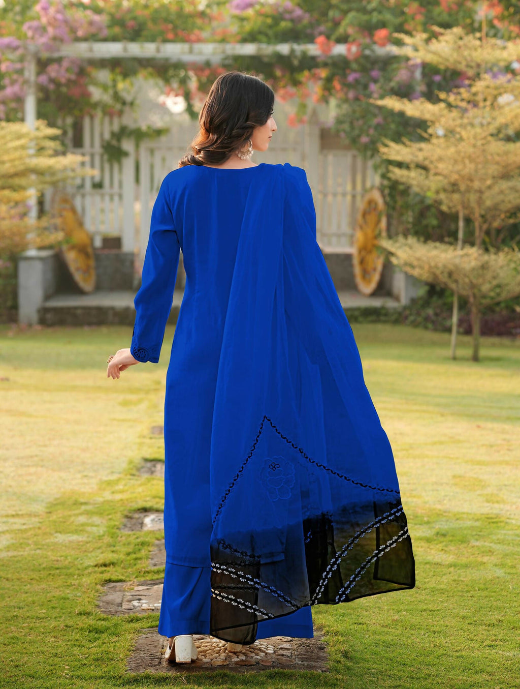 Nikhaar Royal Blue Embroidered Art Silk Stitched Straight Cut Kurta Palazzo Dupatta Readymade Suit | Grocsy
