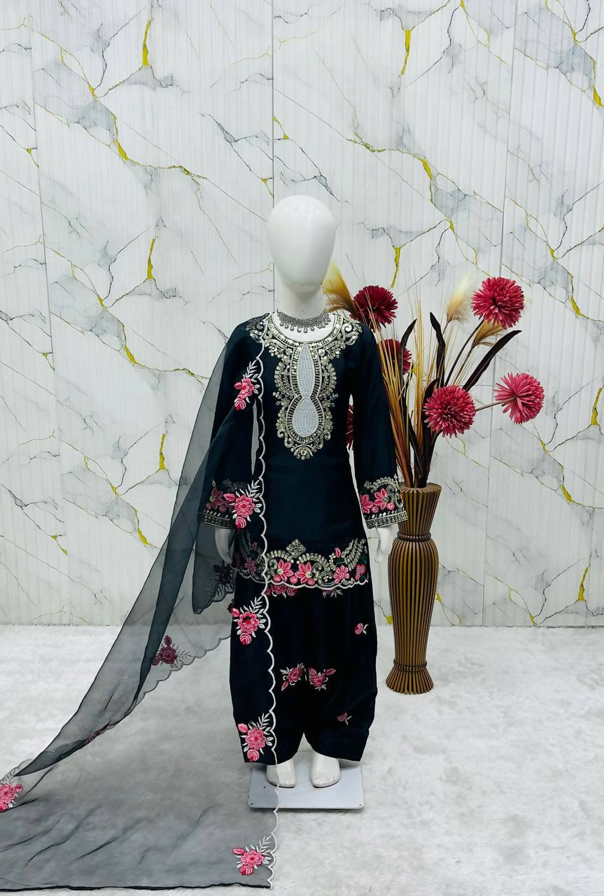Teeya Creation New Kids Trendy Wedding Wear Traditional Kurta Salwar Set-Black | Grocsy