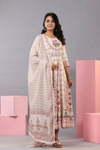 Juniper Women Ecru Rayon Floral Printed Kurta and Dupatta Set | Grocsy