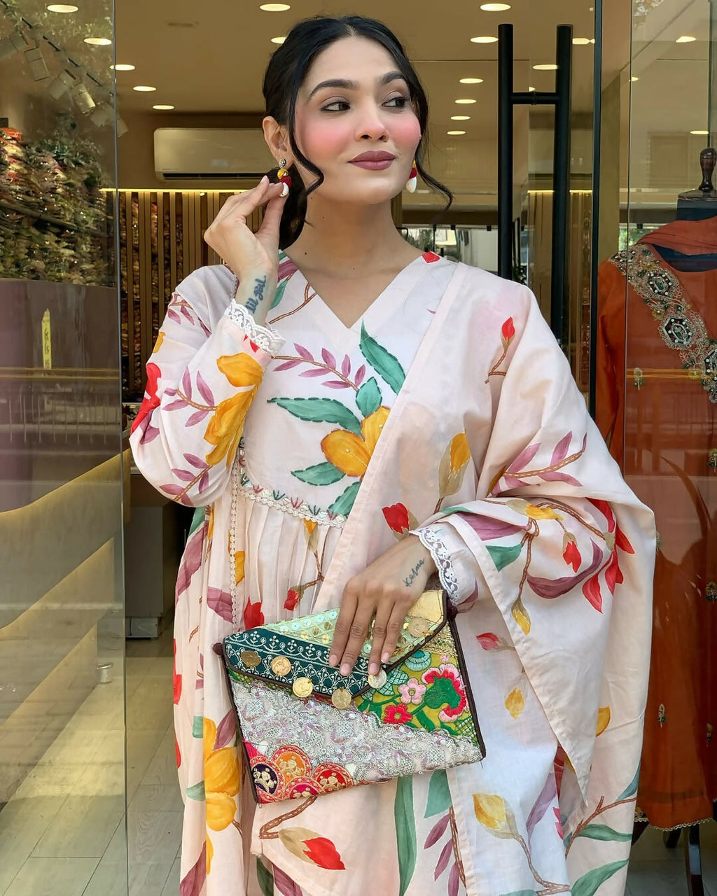 The52 Peach Women's Gorgeous Cotton Fabric Printed Work Straight Kurta Pant and Dupatta Set | Grocsy