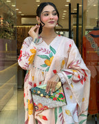 The52 Peach Women's Gorgeous Cotton Fabric Printed Work Straight Kurta Pant and Dupatta Set | Grocsy