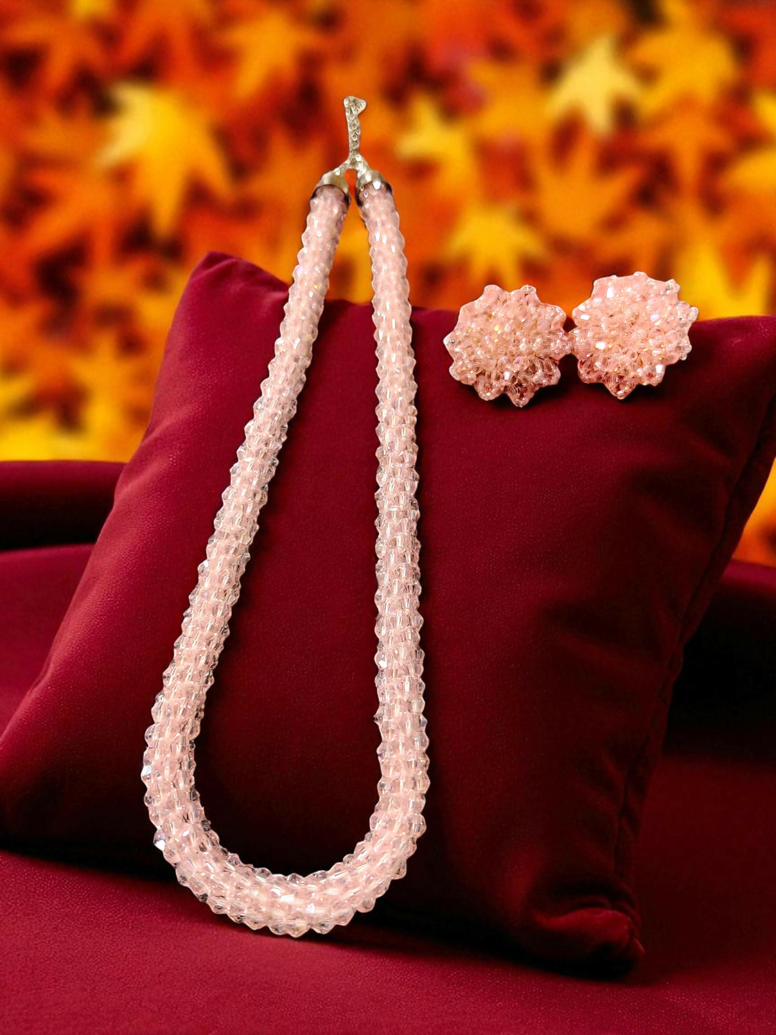 Inhanns Noor-E-Jalwa – Handmade Crystal Bead Necklace / Necklace With Earrings -Adjustable - Baby Pink | Grocsy