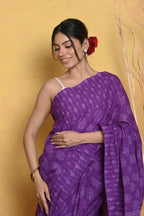 Very Much Indian Handblock Printed Cotton Saree With Natural Dyes - Purple | Grocsy