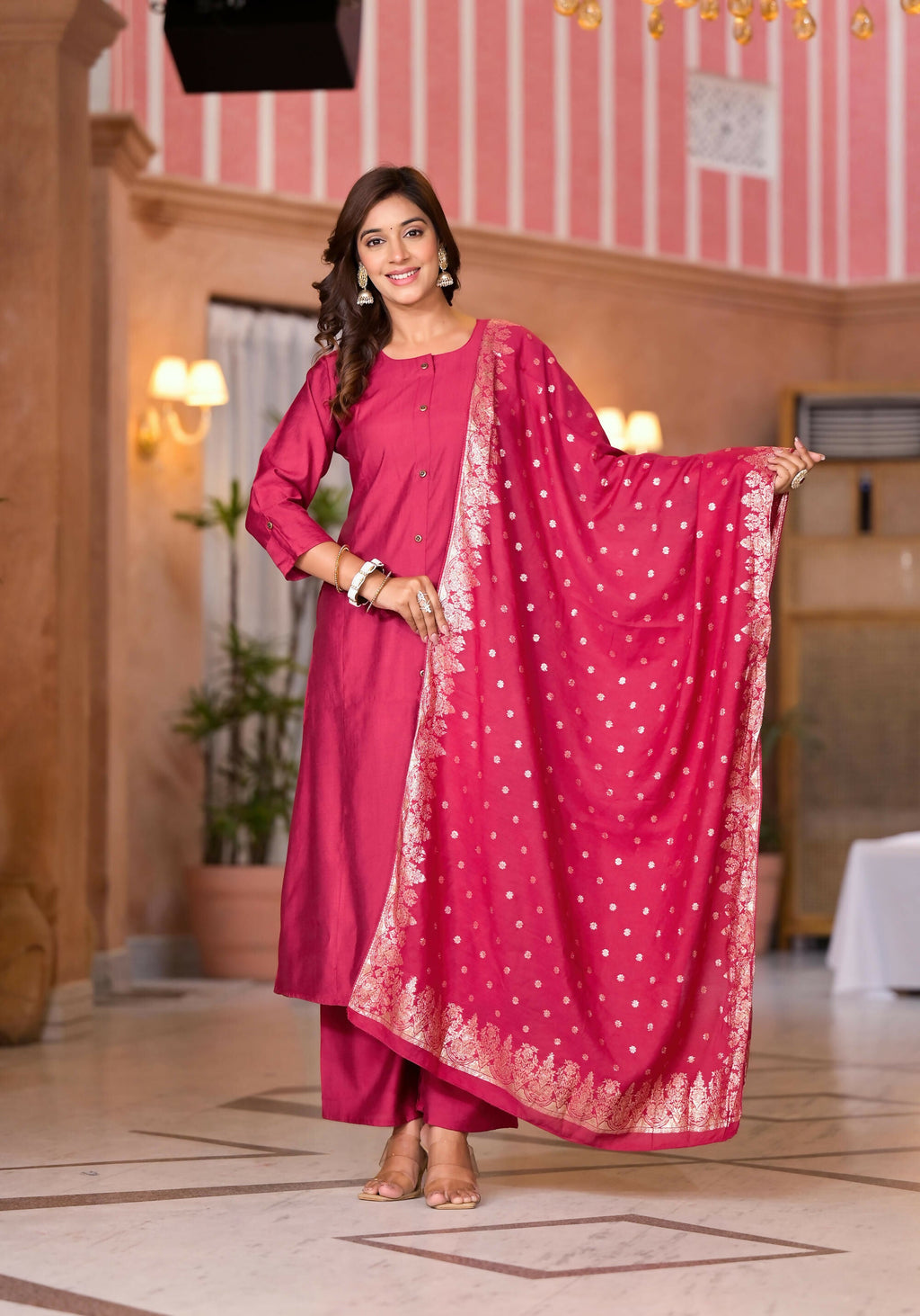 Juniper Women's Fuchsia Zari Embroidered Cotton Kurta Set With Button Closure | Grocsy