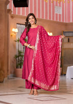 Juniper Women's Fuchsia Zari Embroidered Cotton Kurta Set With Button Closure | Grocsy