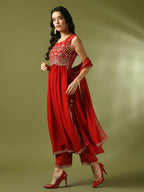 Myshka Women's Red Embroidered Georgette Anarkali Party Kurta Set With Dupatta | Grocsy