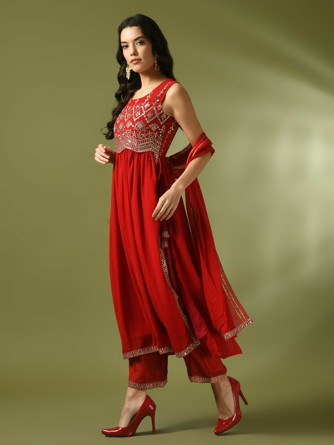 Myshka Women's Red Embroidered Georgette Anarkali Party Kurta Set With Dupatta | Grocsy