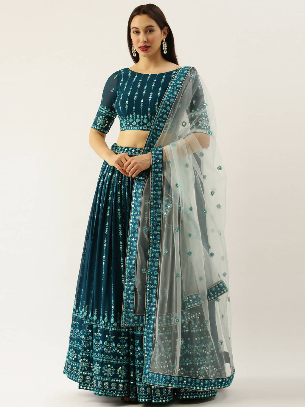 House of Panchhi Women Teal Georgette Sequins Work Lehenga & Blouse with Dupatta | Grocsy