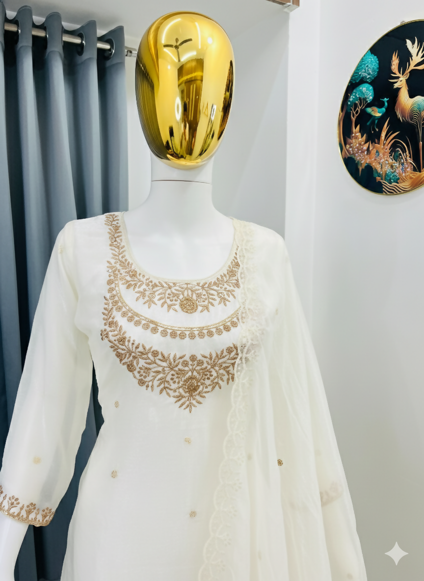 Teeya Creation Cream Color Fendy Satin Silk Heavy Embroidery Work Sharara Suit | Grocsy