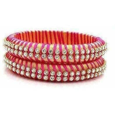 Pink Color Threaded and White Stone Bangles - Set of 2 Bangles | Grocsy