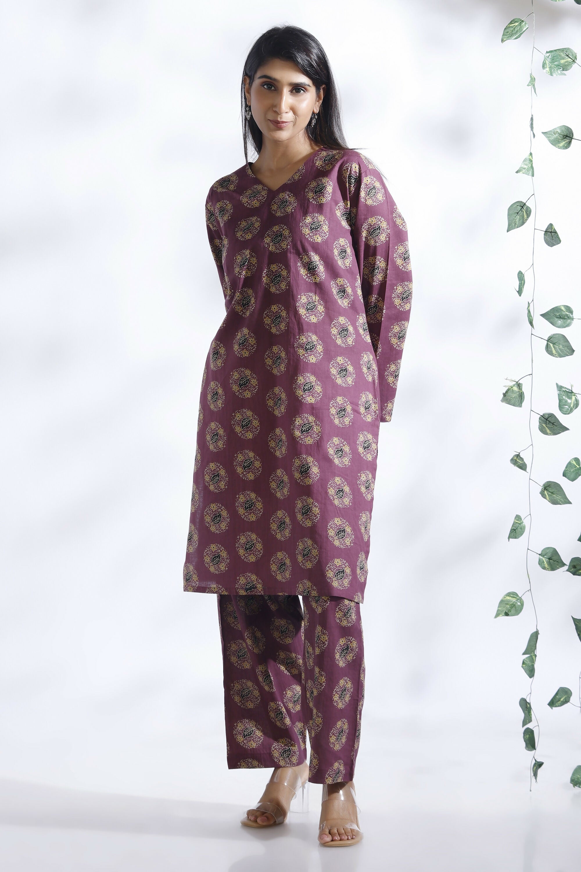 Breathables Wine Butta Print Cotton Kurta & Pants Set | Grocsy