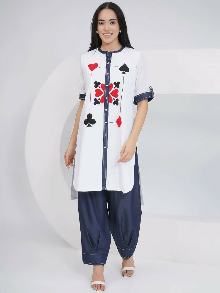 Joban Fashion White Rayon Crepe Applique Embroidered Shirt with Afghani Pants | Grocsy
