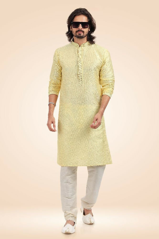 Raivat Ethnic Jacquard Banarasi Silk Pintux Work Kurta Pajama In Lemon Colour | Grocsy