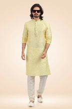 Raivat Ethnic Jacquard Banarasi Silk Pintux Work Kurta Pajama In Lemon Colour | Grocsy