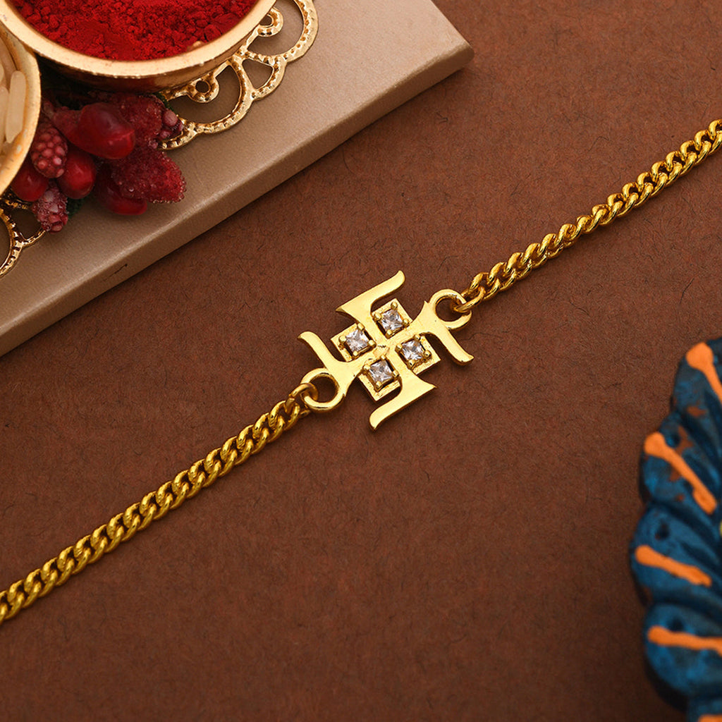 trueBrowns Auspicious Swastik Gold-Polished Bracelet Style Rakhi | Grocsy