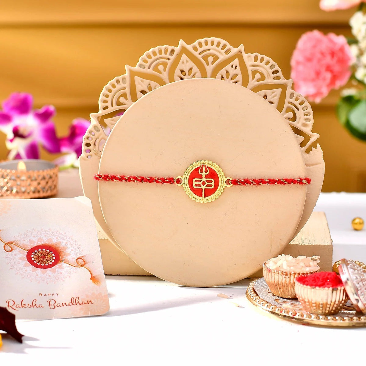 trueBrowns X Voylla Red Enamel And Gold Rudra-Tilaka Rakhi For Brother | Grocsy