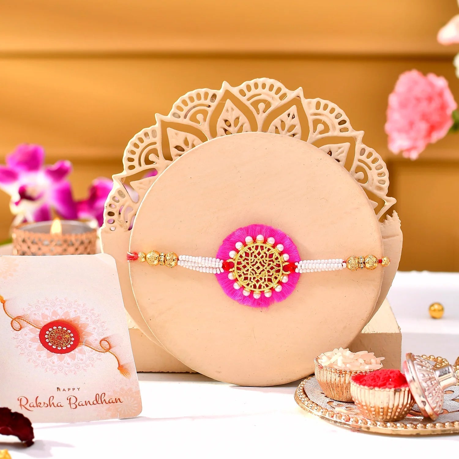 trueBrowns X Voylla Pearl And Gold Filigree Rakhi For Brother | Grocsy