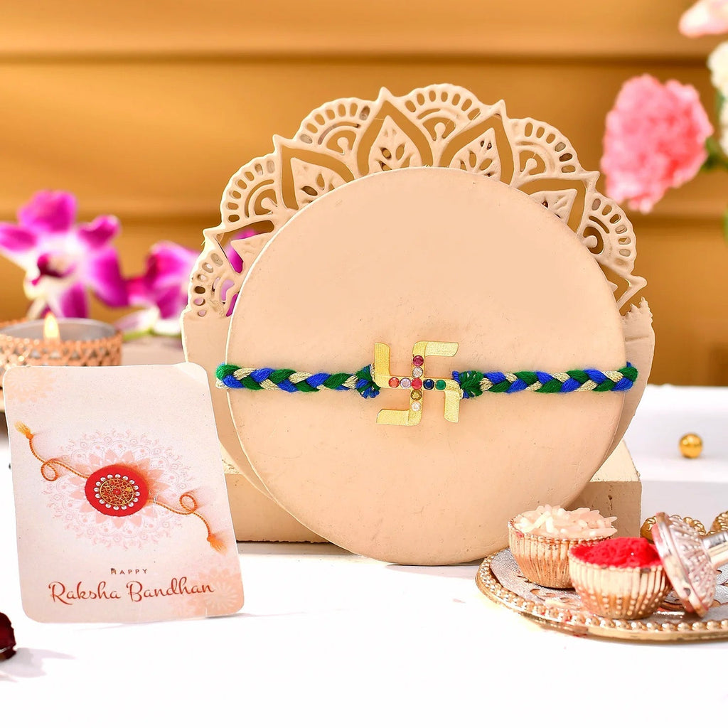 trueBrowns X Voylla Gold Navratan Swastik Rakhi For Brother | Grocsy