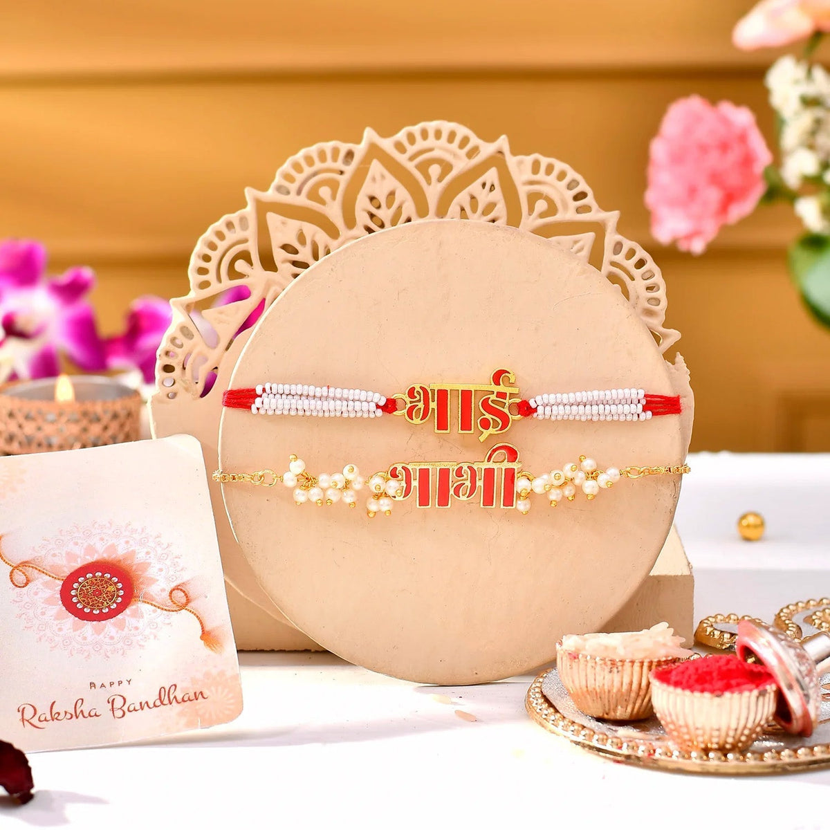 trueBrowns X Voylla Red Enamel Bhai-Bhabhi Lumba Rakhi Combo For Bhaiya Bhabhi | Grocsy