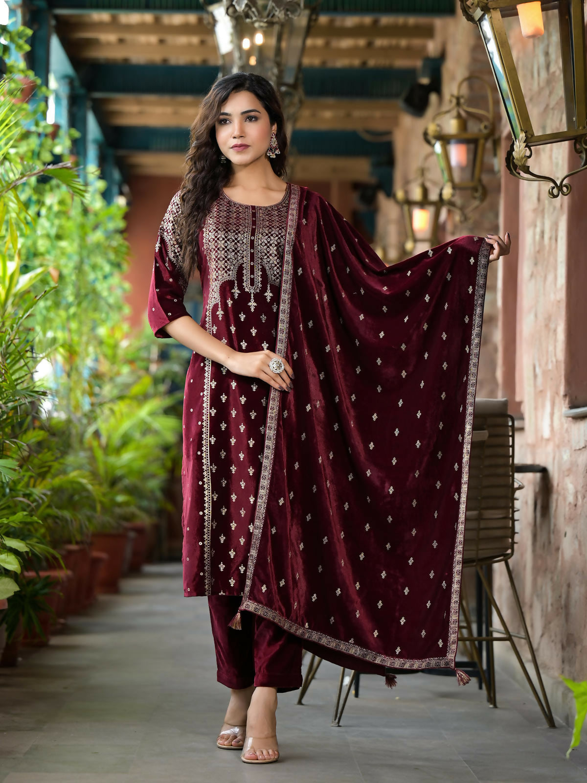Juniper Women's Maroon Ethnic Motif Printed Velvet Kurta Set With Tassels | Grocsy