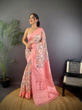 Elora Rose Pink Silk Floral Motifs Coppery Tone Contrast Floral Border Banarasi Saree | Grocsy