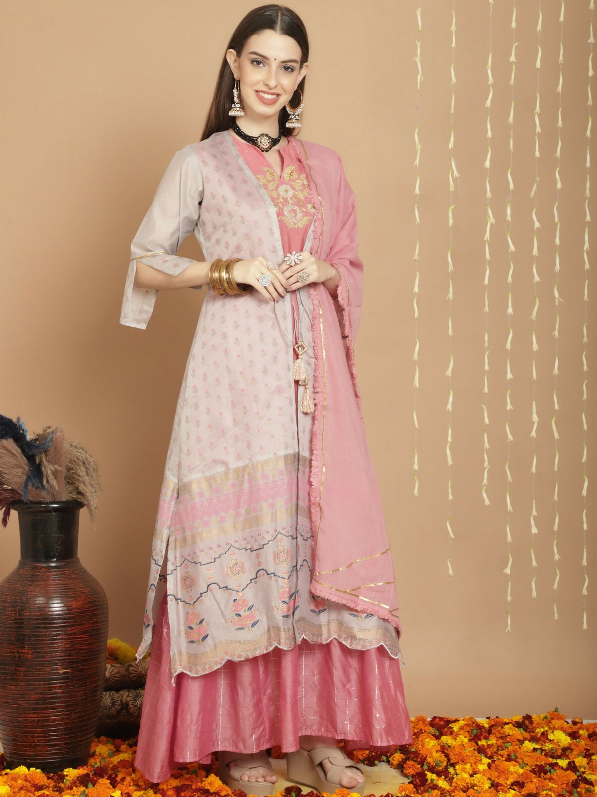 Jyoti Fashion Women's Grey Chanderi Silk Elegant Jardoshi Semi Kurta with Trouser & Dupatta | Grocsy