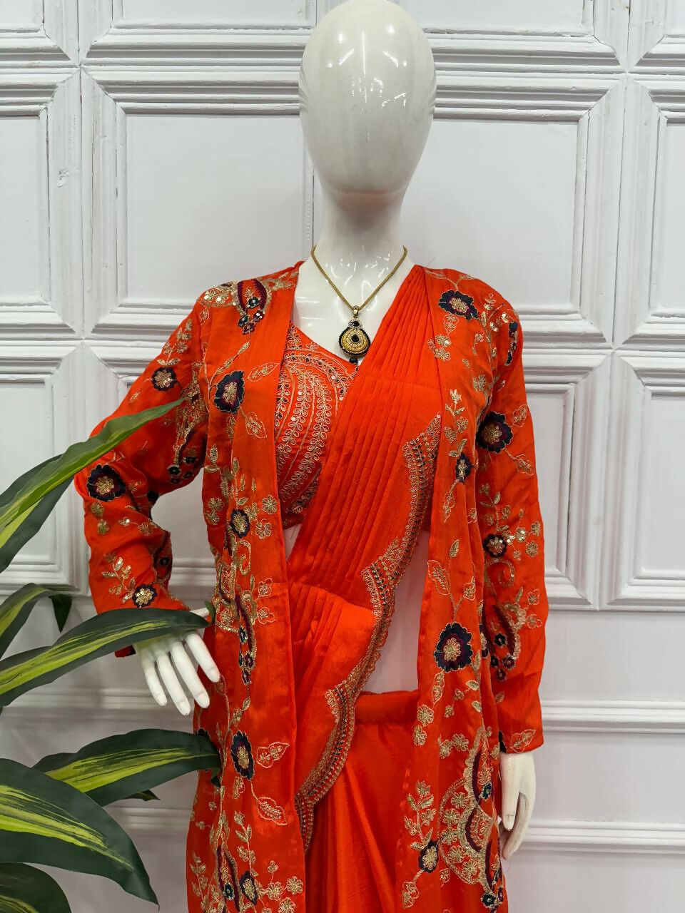 Teeya Creation Orange Color Chinon Silk Designer Embroidery Work Ready To Wear Saree With Koti | Grocsy