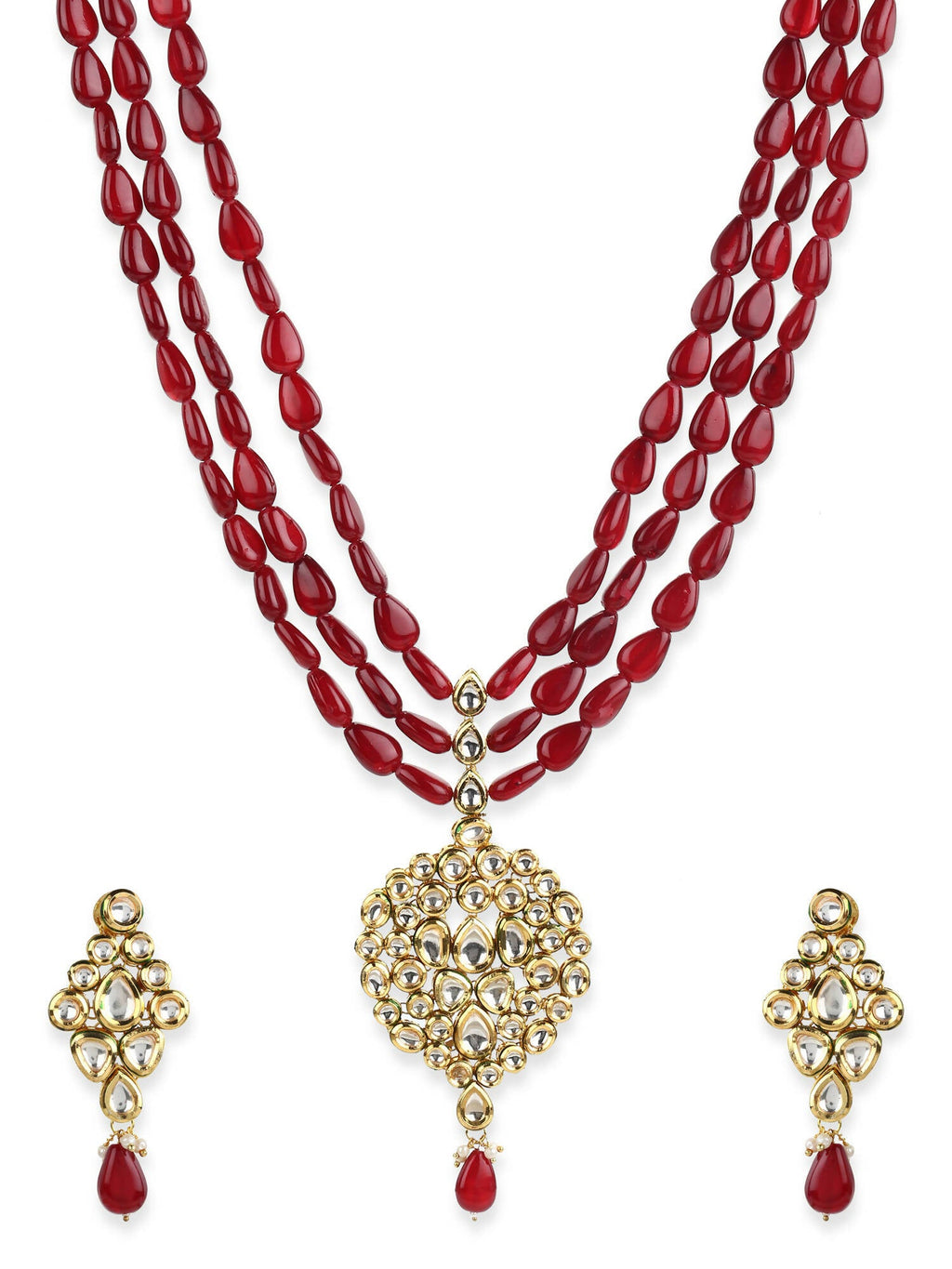 Gold-Polished White Maroon Kundan Studded Beaded Handcrafted Jewellery Set - Ruby Raang | Grocsy