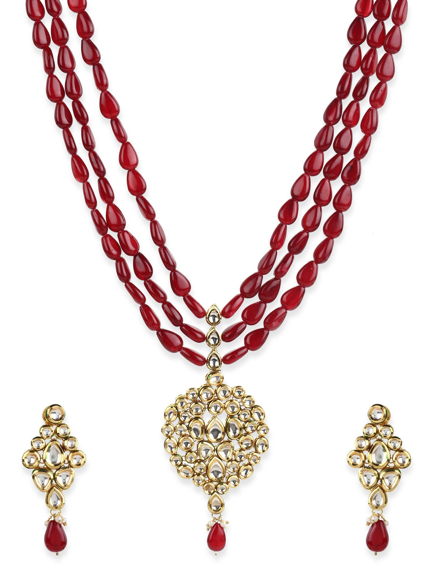 Gold-Polished White Maroon Kundan Studded Beaded Handcrafted Jewellery Set - Ruby Raang | Grocsy