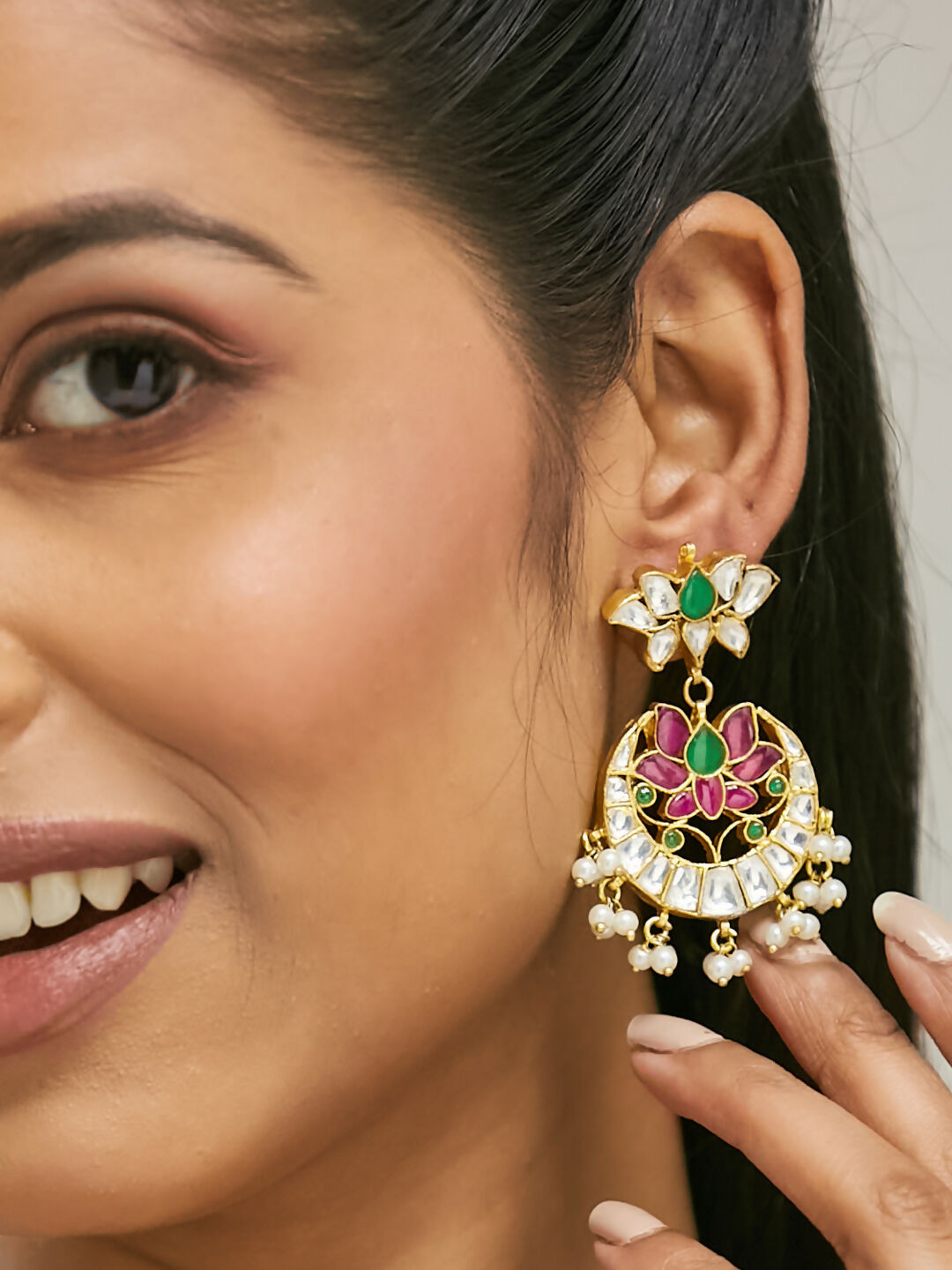 Nuyug 22K Gold-Plated Exquisite Kundan Stone Studded & Pearl Beaded Floral Traditional Chandbalis | Grocsy