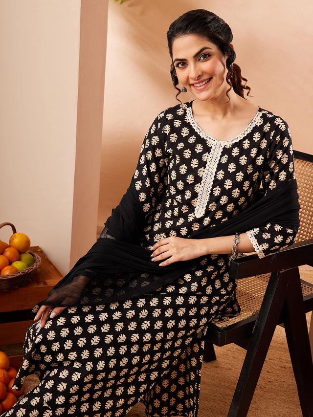 Janasya Black Straight Cotton Kurta,Bottom & Dupatta | Grocsy