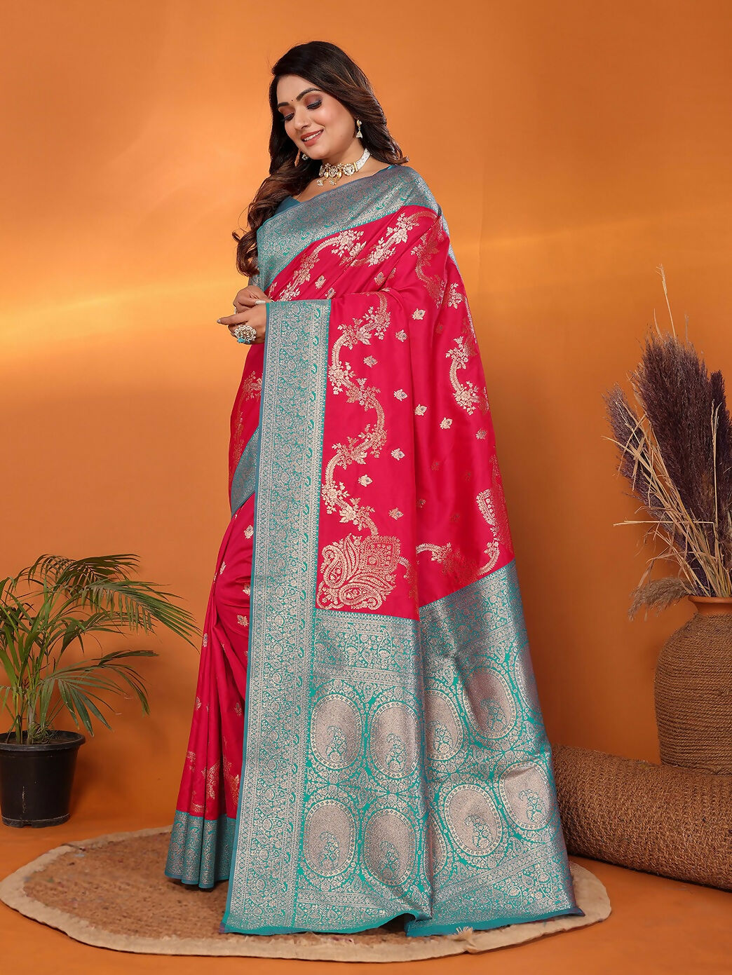 Joban Fashion Banarasi Red Woven Soft Silk Saree | Grocsy