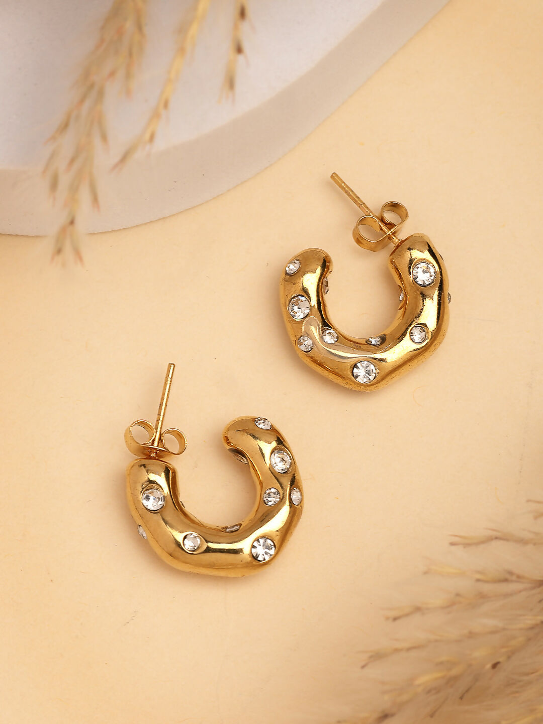 NVR Women's Gold-Polished CZ-Studded Half Hoop Earrings