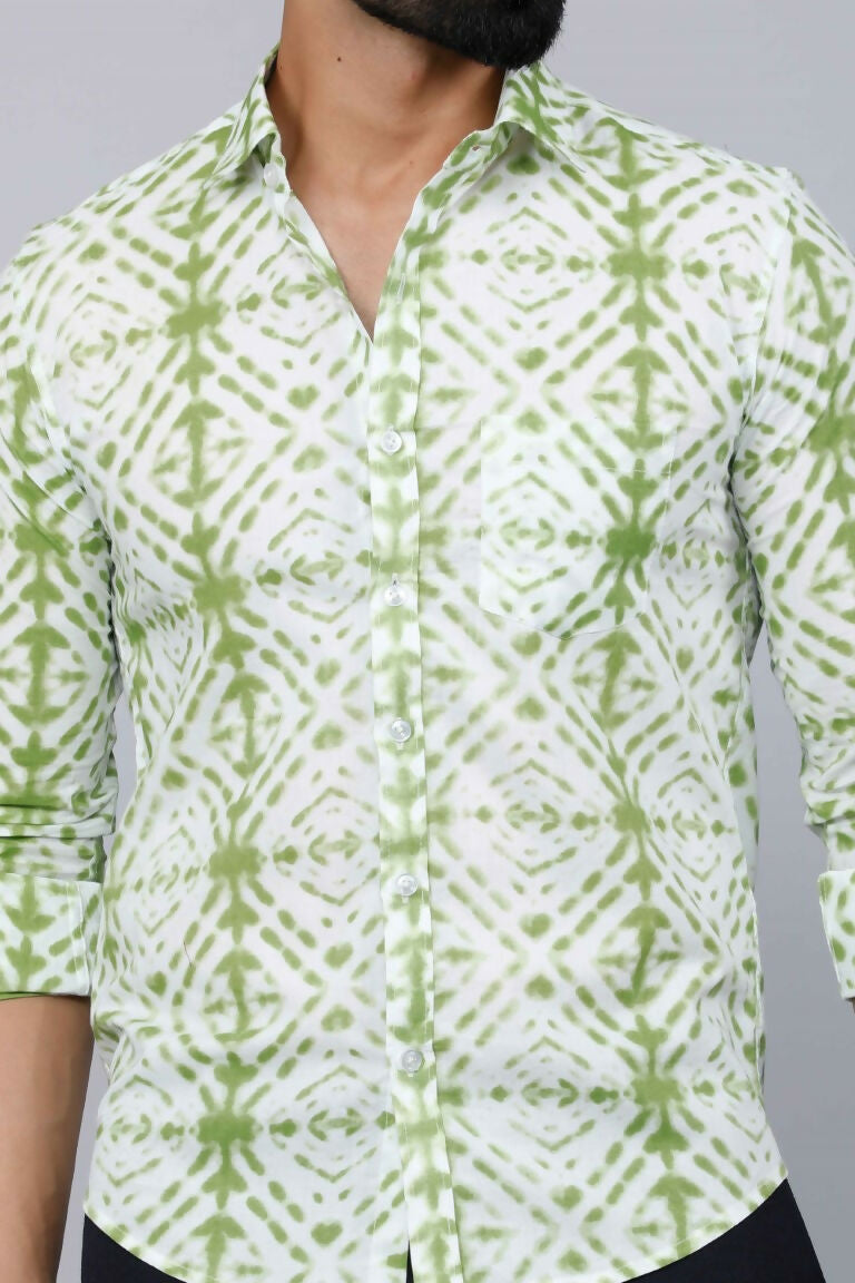 Miravan Men's Premium Green and White Slim Fit Tie Dye Cotton Shirt | Grocsy