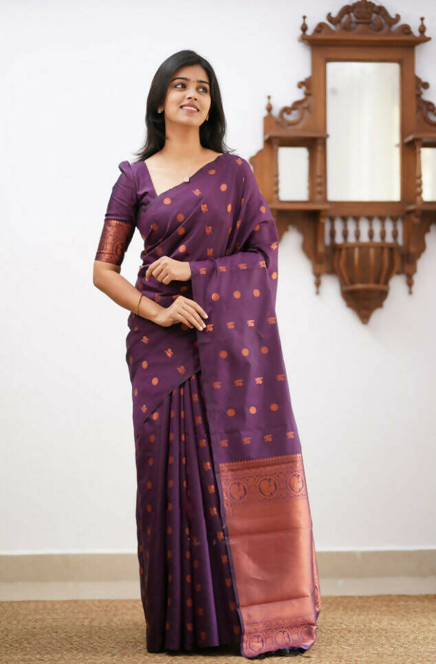 DEIANA'S Beautiful Designer Golden zari Soft Lichi Silk Saree - Wine | Grocsy