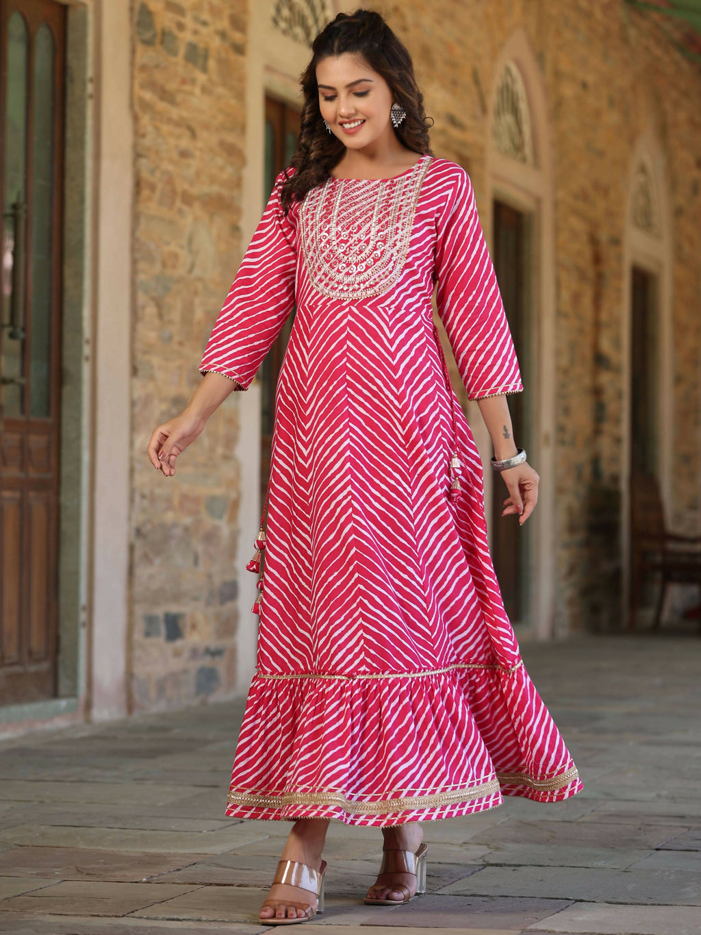 Juniper Women's Fuschia Printed Embroidered Mirror Work Sequin Cotton Flared Dress | Grocsy