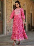 Juniper Women's Fuschia Printed Embroidered Mirror Work Sequin Cotton Flared Dress | Grocsy