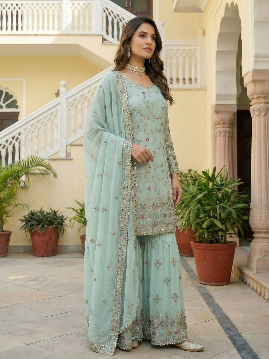 Teeya Creation Sky Faux Georgette Multi Thread Work Wedding Wear Sharara Set | Grocsy