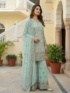 Teeya Creation Sky Faux Georgette Multi Thread Work Wedding Wear Sharara Set | Grocsy