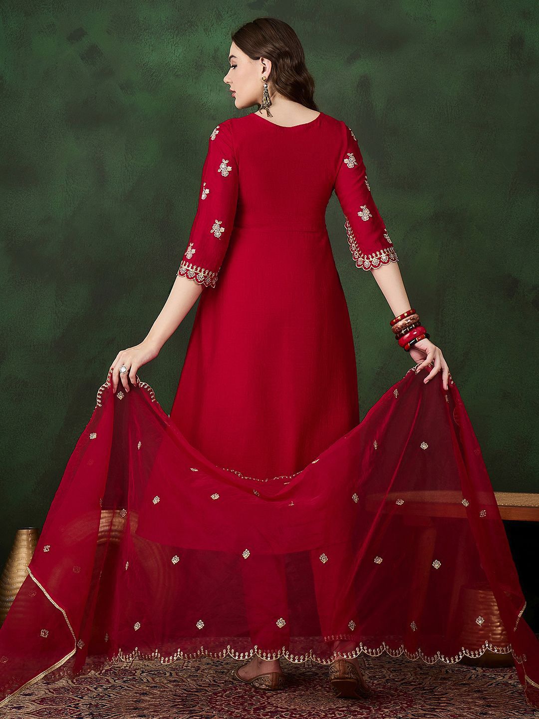 Sangria Round Neck Floral Zari Embroidered Straight Kurta with Trouser and Dupatta | Grocsy