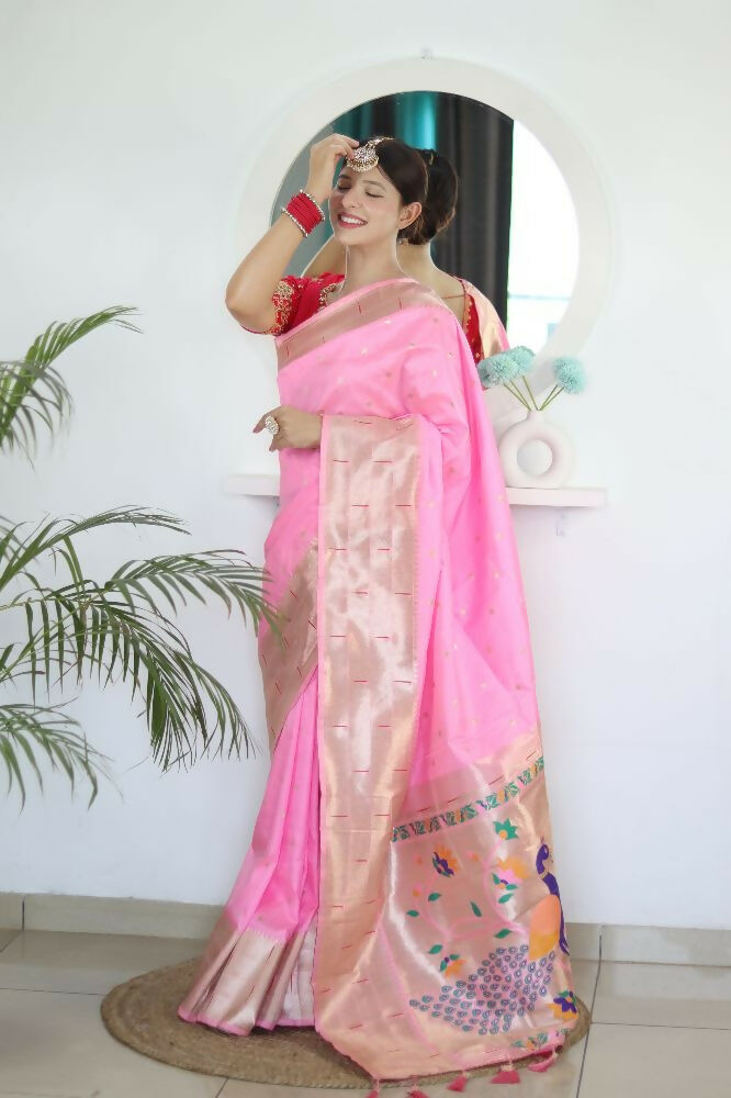 Pink Woven Jacquard Designer Embroidery Work Party Wear Saree - Parampara | Grocsy