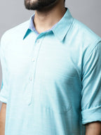 Even Apparels Blue Color Pure Cotton Solid Men's Kurta With Shirt Collar (SLD1132) | Grocsy