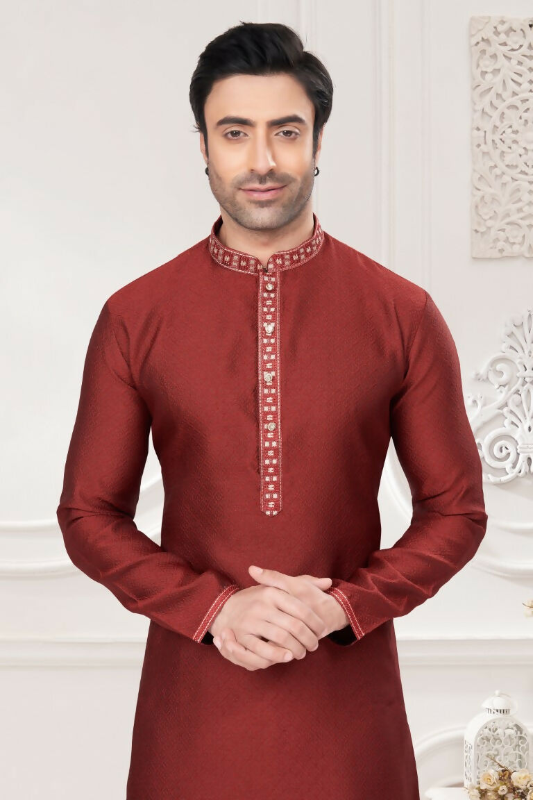 Functional Designer Men's Red Jacquard Kurta With Pant - Rudra | Grocsy